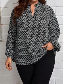 SHEIN Clasi Plus Allover Print Notched Neckline Lantern Sleeve Blouse - Black - View 5