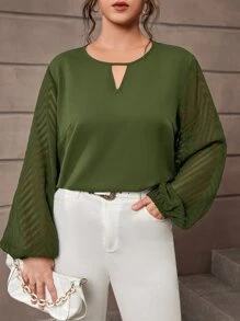 SHEIN Clasi 大碼鎖眼領燈籠袖襯衫 - 橄欖綠 - 查看 1