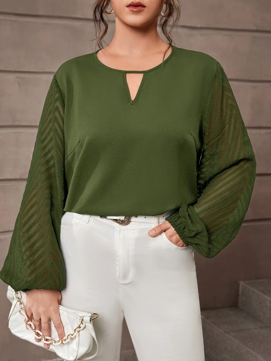 SHEIN Clasi 大碼鎖眼領燈籠袖襯衫 - 橄欖綠 - 查看 1