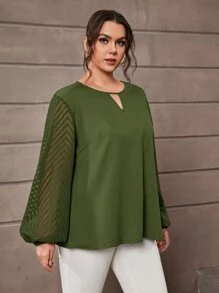 SHEIN Clasi 大碼鎖眼領燈籠袖襯衫 - 橄欖綠 - 查看 3