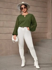 SHEIN Clasi 大碼鎖眼領燈籠袖襯衫 - 橄欖綠 - 查看 4
