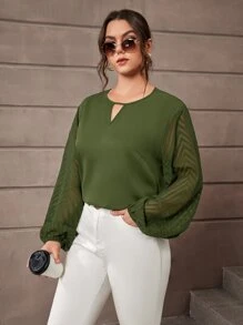 SHEIN Clasi 大碼鎖眼領燈籠袖襯衫 - 橄欖綠 - 查看 5