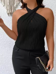 SHEIN Privé 大碼前交叉掛脖上衣 - 黑色 - 查看 1