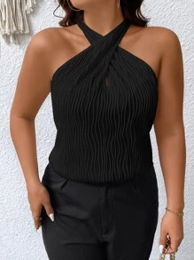 SHEIN Privé 大碼前交叉掛脖上衣 - 黑色 - 查看 5