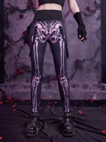ROMWE Goth Skeleton Print Tape Decor Leggings - Multicolor - View 1