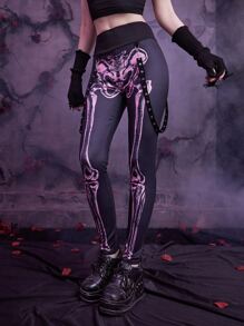 ROMWE Goth Skeleton Print Tape Decor Leggings - Multicolor - View 2