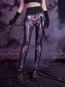 ROMWE Goth Skeleton Print Tape Decor Leggings - Multicolor - View 3