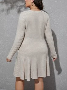 SHEIN Privé Plus Mock Neck Cable Knit Flare Hem Dress - Apricot - View 2