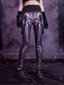 ROMWE Goth Skeleton Print Tape Decor Leggings - Multicolor - View 4