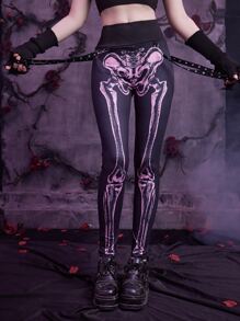 ROMWE Goth Skeleton Print Tape Decor Leggings - Multicolor - View 5
