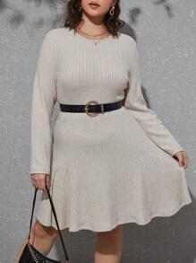 SHEIN Privé Plus Mock Neck Cable Knit Flare Hem Dress - Apricot - View 4