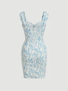 SHEIN MOD 满版花卉印花褶饰巴士前纽扣连衣裙 - 藍白色 - 查看 2