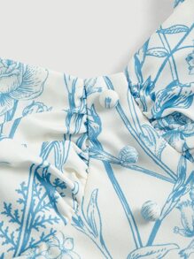 SHEIN MOD 满版花卉印花褶饰巴士前纽扣连衣裙 - 藍白色 - 查看 3