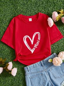 SHEIN Áo thun trễ vai in hình trái tim & chữ thường ngày cho các cô gái Tween - Đỏ - Xem 1