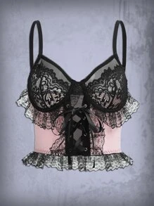 ROMWE Goth Cami con cordón con encaje en contraste ribete con fruncido con cordón