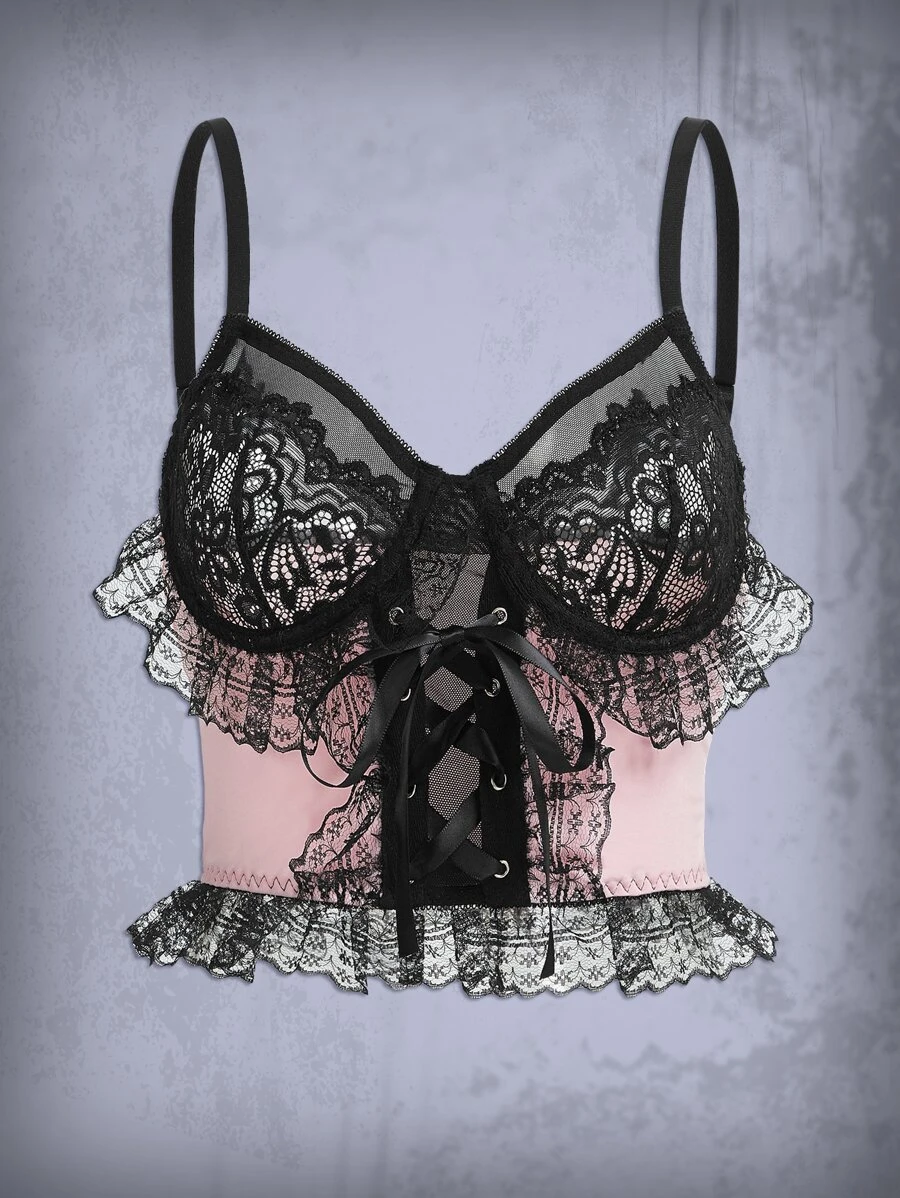 ROMWE Goth Cami con cordón con encaje en contraste ribete con fruncido con cordón