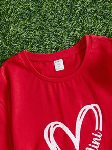 SHEIN Áo thun trễ vai in hình trái tim & chữ thường ngày cho các cô gái Tween - Đỏ - Xem 2