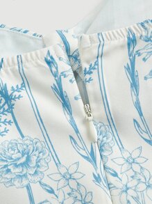 SHEIN MOD 满版花卉印花褶饰巴士前纽扣连衣裙 - 藍白色 - 查看 4