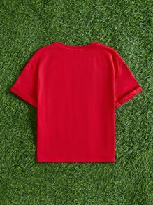 SHEIN Áo thun trễ vai in hình trái tim & chữ thường ngày cho các cô gái Tween - Đỏ - Xem 4