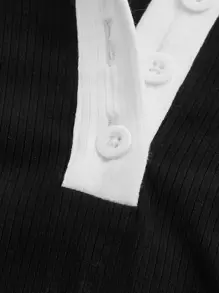 SHEIN MOD Đầm Tương phản ren Gân đan Nút phía trước Khối Màu Thanh lịch - màu đen - Xem 3