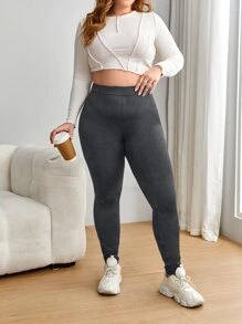 SHEIN EZwear Plus Solid High Waist Leggings - Grey - View 4