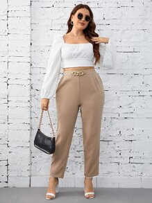 SHEIN Privé Plus High Waist Chain Detail Trousers - Khaki - View 1