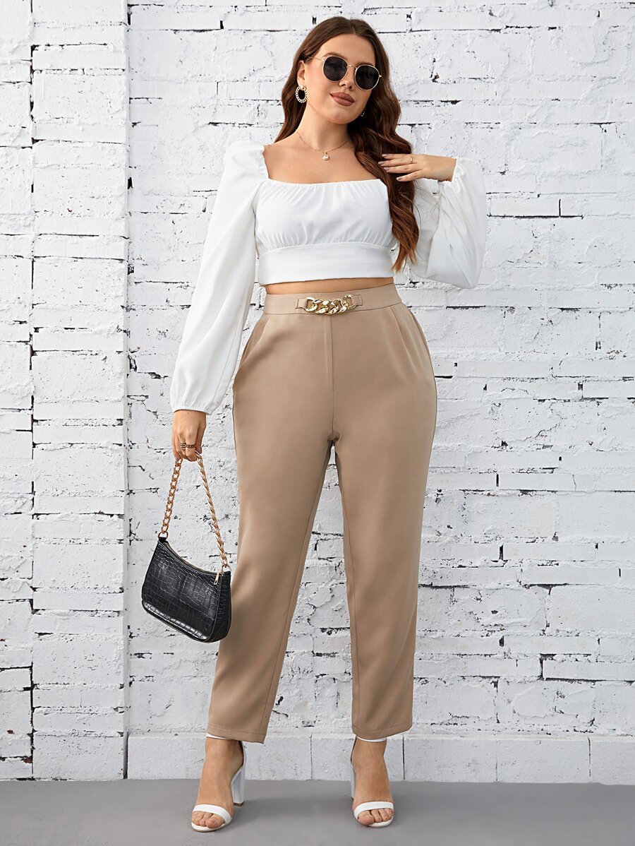 SHEIN Privé Plus High Waist Chain Detail Trousers - Khaki - View 1