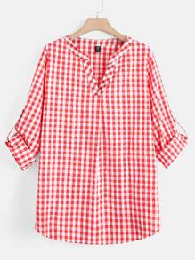 EMERY ROSE 大碼格子圖案捲邊袖弧形下擺襯衫 - 紅白色 - 查看 2