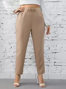 SHEIN Privé Plus High Waist Chain Detail Trousers - Khaki - View 3