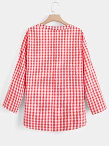 EMERY ROSE 大碼格子圖案捲邊袖弧形下擺襯衫 - 紅白色 - 查看 3