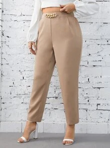 SHEIN Privé Plus High Waist Chain Detail Trousers - Khaki - View 4