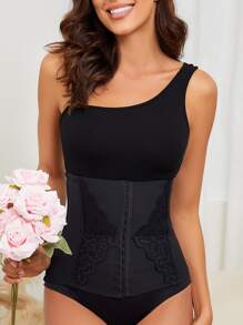 Contrast Lace Hook and Eye Front Waist Trainer - Black - View 4