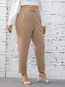 SHEIN Privé Plus High Waist Chain Detail Trousers - Khaki - View 5