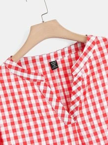 EMERY ROSE 大碼格子圖案捲邊袖弧形下擺襯衫 - 紅白色 - 查看 5