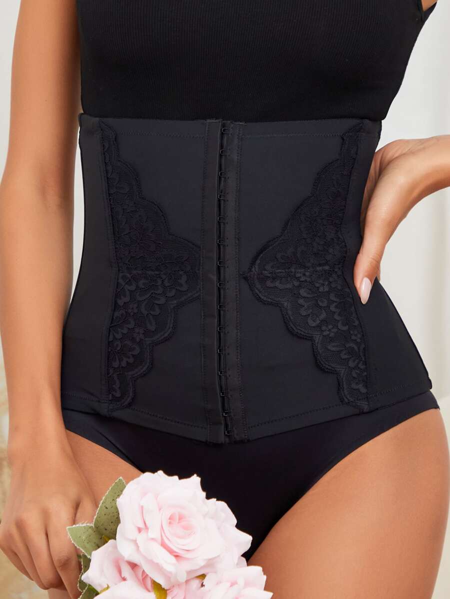 Contrast Lace Hook and Eye Front Waist Trainer - Black - View 1