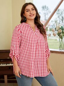 EMERY ROSE 大碼格子圖案捲邊袖弧形下擺襯衫 - 紅白色 - 查看 7