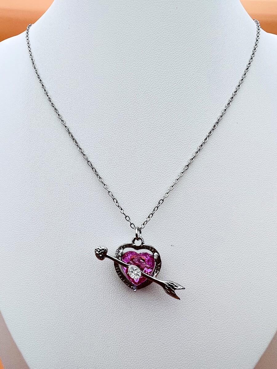 Rhinestone Decor Arrow & Heart Charm Necklace - Silver - View 1
