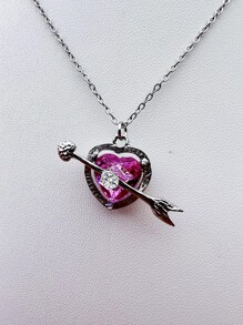 Rhinestone Decor Arrow & Heart Charm Necklace - Silver - View 4