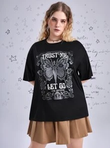 Ashley Baxter Plus Butterfly & Letter Graphic Drop Shoulder Tee - Black - View 1