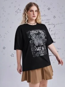 Ashley Baxter Plus Butterfly & Letter Graphic Drop Shoulder Tee - Black - View 4