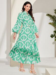 Mulvari Allover Print Lantern Sleeve Ruffle Hem Belted Dress - Multicolor - View 3
