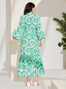 Mulvari Allover Print Lantern Sleeve Ruffle Hem Belted Dress - Multicolor - View 2