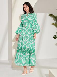 Mulvari Allover Print Lantern Sleeve Ruffle Hem Belted Dress - Multicolor - View 4