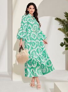 Mulvari Allover Print Lantern Sleeve Ruffle Hem Belted Dress - Multicolor - View 1
