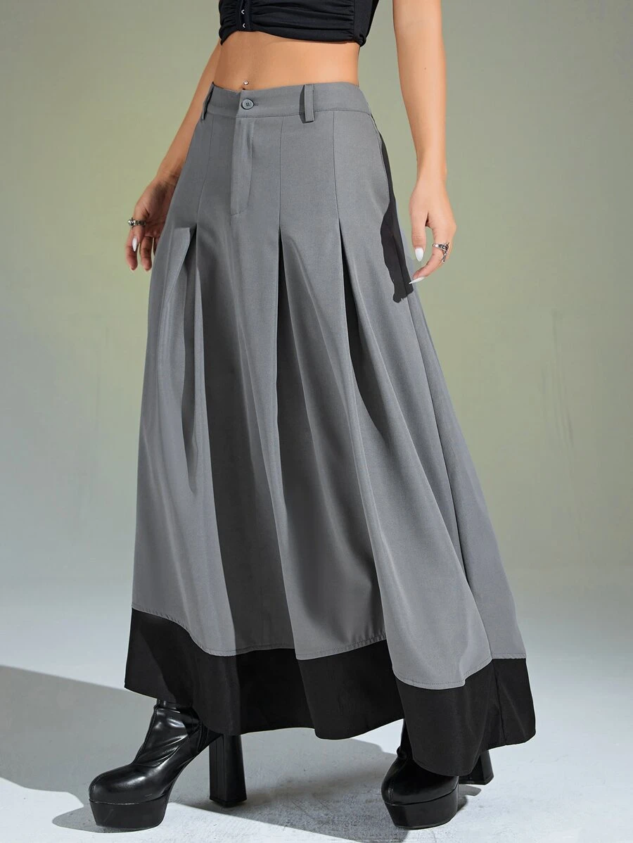 SHEIN ICON Colourblock Fold Pleated Skirt - Grey - View 1