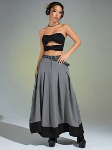 SHEIN ICON Colourblock Fold Pleated Skirt - Grey - View 3