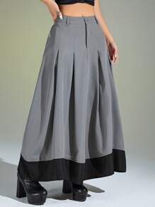 SHEIN ICON Colourblock Fold Pleated Skirt - Grey - View 4