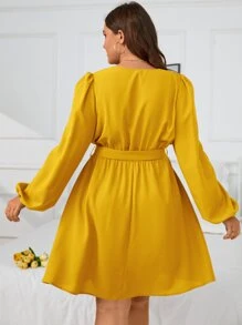 SHEIN Clasi Plus Surplice Neck Lantern Sleeve Belted Dress - Yellow - View 2