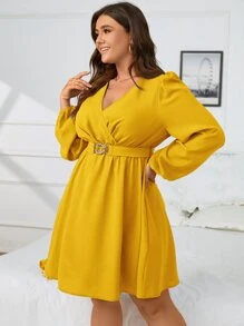 SHEIN Clasi Plus Surplice Neck Lantern Sleeve Belted Dress - Yellow - View 3