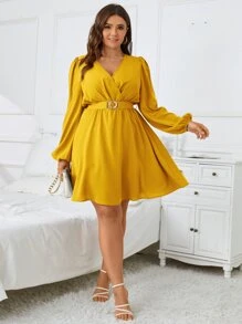 SHEIN Clasi Plus Surplice Neck Lantern Sleeve Belted Dress - Yellow - View 4